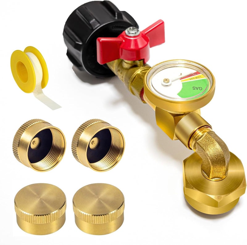 CONROS Propane Refill Adapter for 1 LB. Tanks, Propane Adapter 20lb to 1lb Converter with Gauge Valve, Propane Refill Elbow Adapter with 4 Bottle Caps for BBQ Grill Stove Camping RV, Solid Brass - Image 1